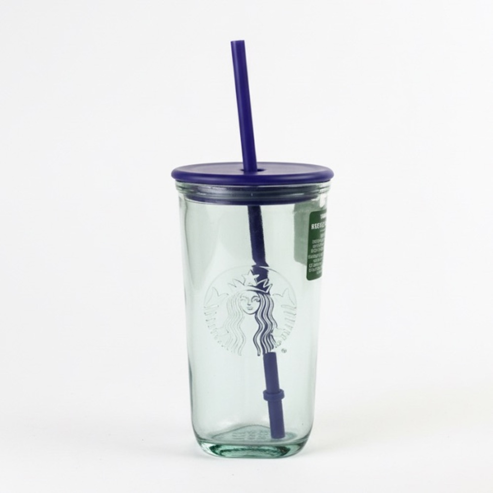 NWT•Starbucks 16oz Recycled Glass Cold Cup with Purple Lid & Straw